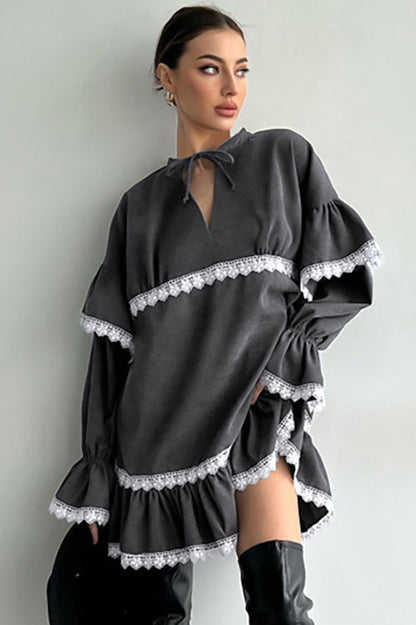Tie Neck Keyhole V Neck Lace Trim Tiered Ruffle Sleeve Babydoll Mini Dress
