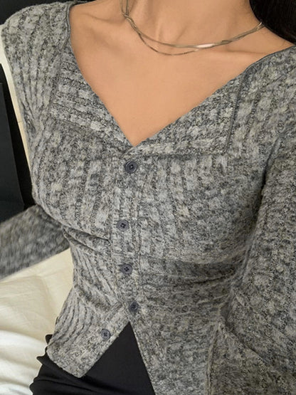 Lapel Neck Ruched Slim Long Sleeve Knit