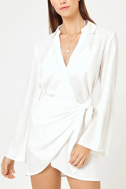 Solid Color Casual Long-sleeved V-neck Tie Waist Mini Dress
