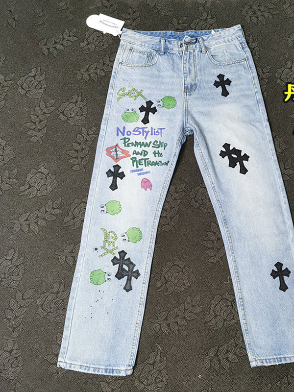 Hand Drawn Graffiti Leather Cross Boyfriend Jeans