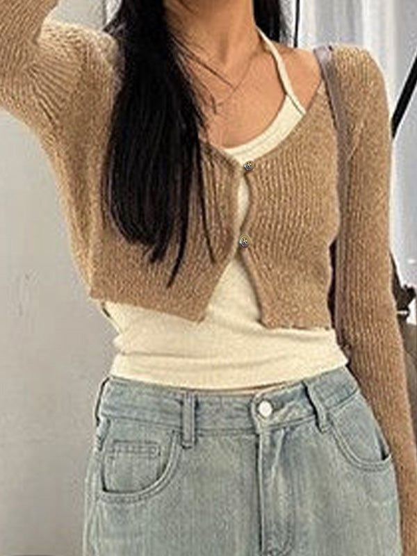 Contrast Color Halter Two Piece Long Sleeve Knit