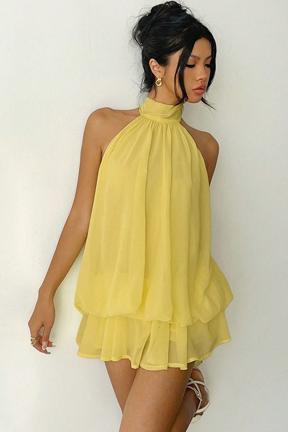 Halter Mock Neck Gathered Tiered Chiffon Flared Mini Dress