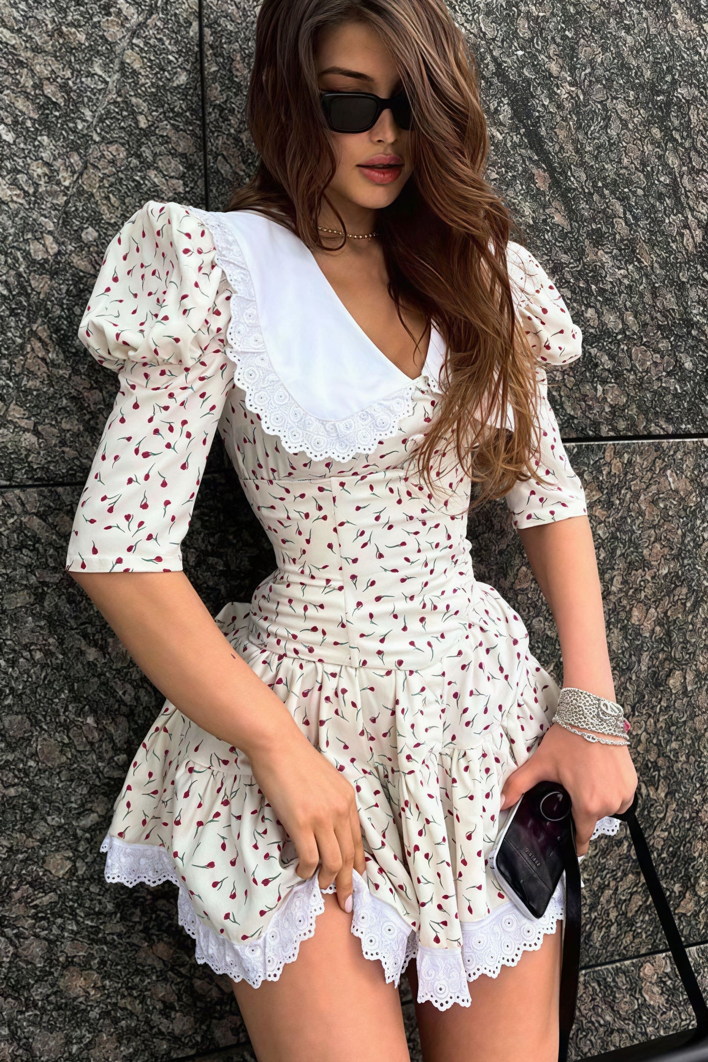 Peter Pan Collar Short Sleeve Floral Mini Dress
