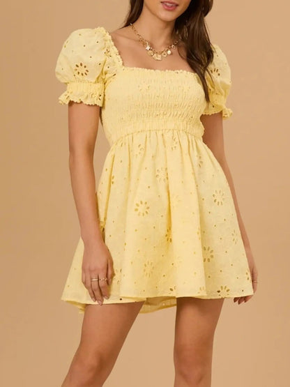 Eyelet Broderie Anglaise Smocked Square Neck Puff Sleeve Babydoll Mini Dress