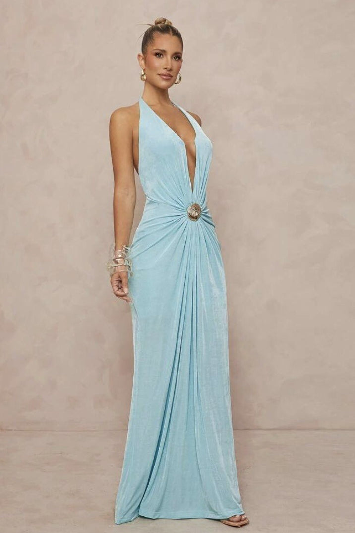 | Deep V Halter Ruched Backless Maxi Dress