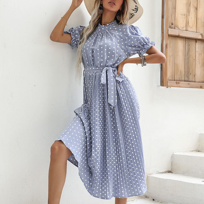 Polka Dot Round Neck Pleated Midi Dress in Multiple Colors