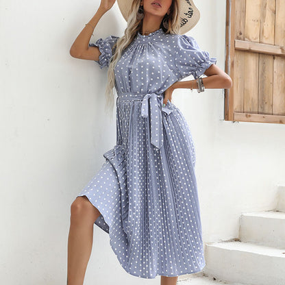 Polka Dot Round Neck Pleated Midi Dress in Multiple Colors