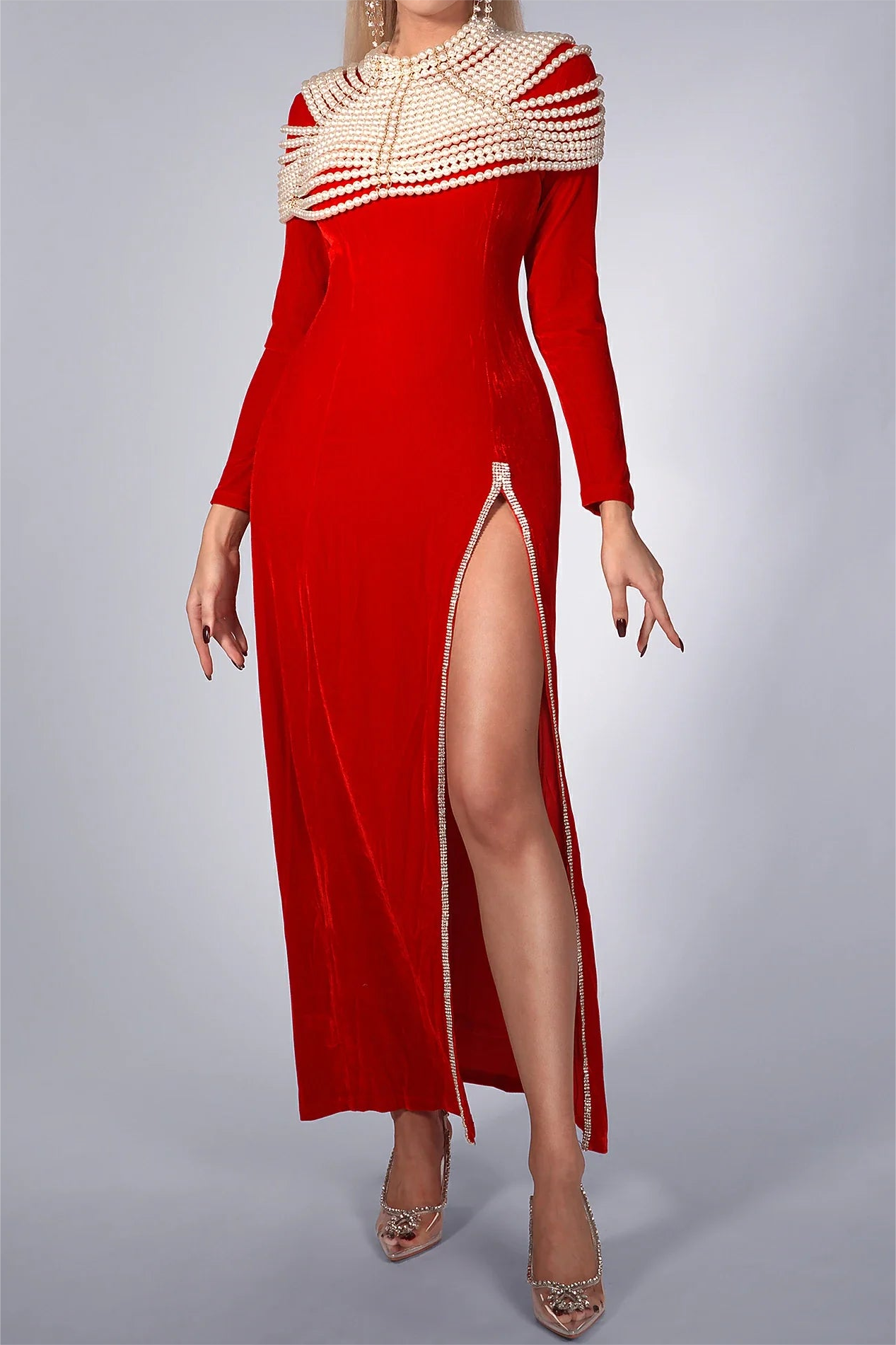 Faux Pearl Velvet High Slit Midi Dress