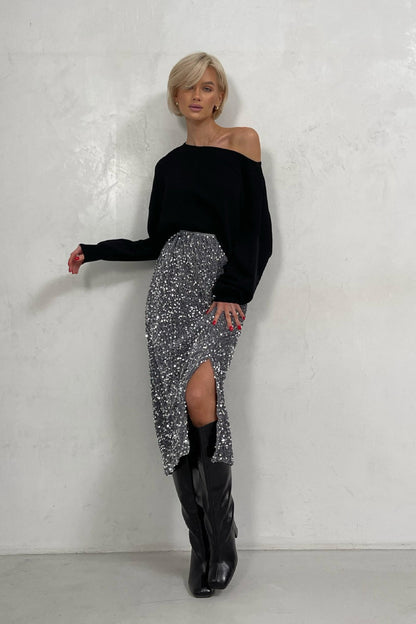 Sequin High Waist Slit Bodycon Midi Skirt