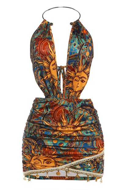 Unique Print Halter Neck Backless Tie Fitted Mini Dress