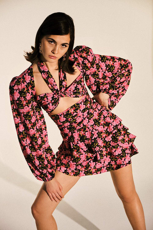 Floral Pleated Ruffle Cut-Out Mini Dress
