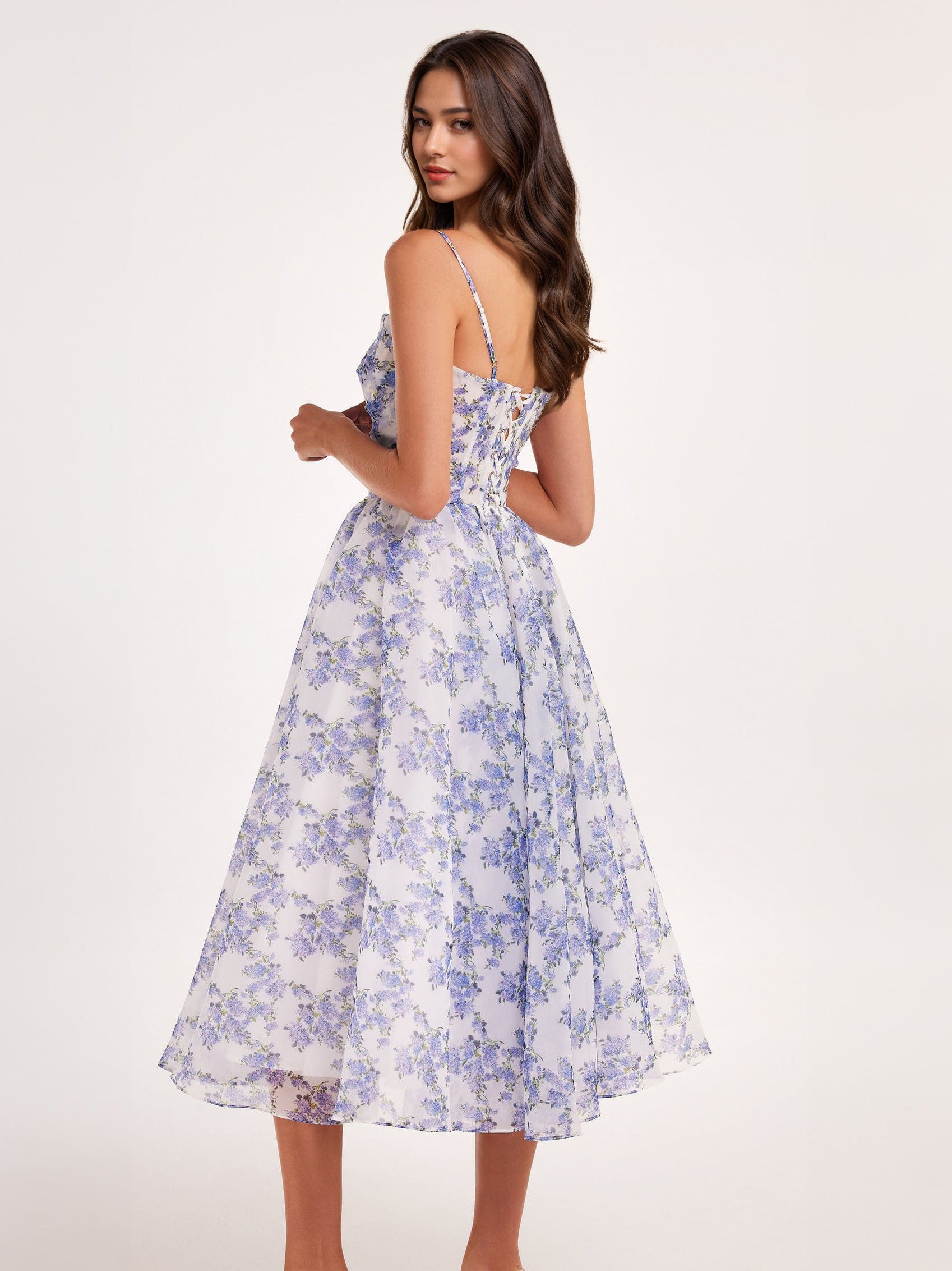 Floral Dress Spaghetti Strap Backless Lace Up Birthday Party Midi Dresses