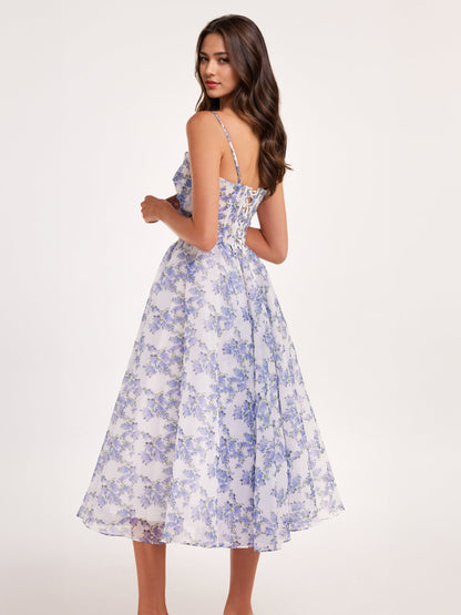 Floral Dress Spaghetti Strap Backless Lace Up Birthday Party Midi Dresses