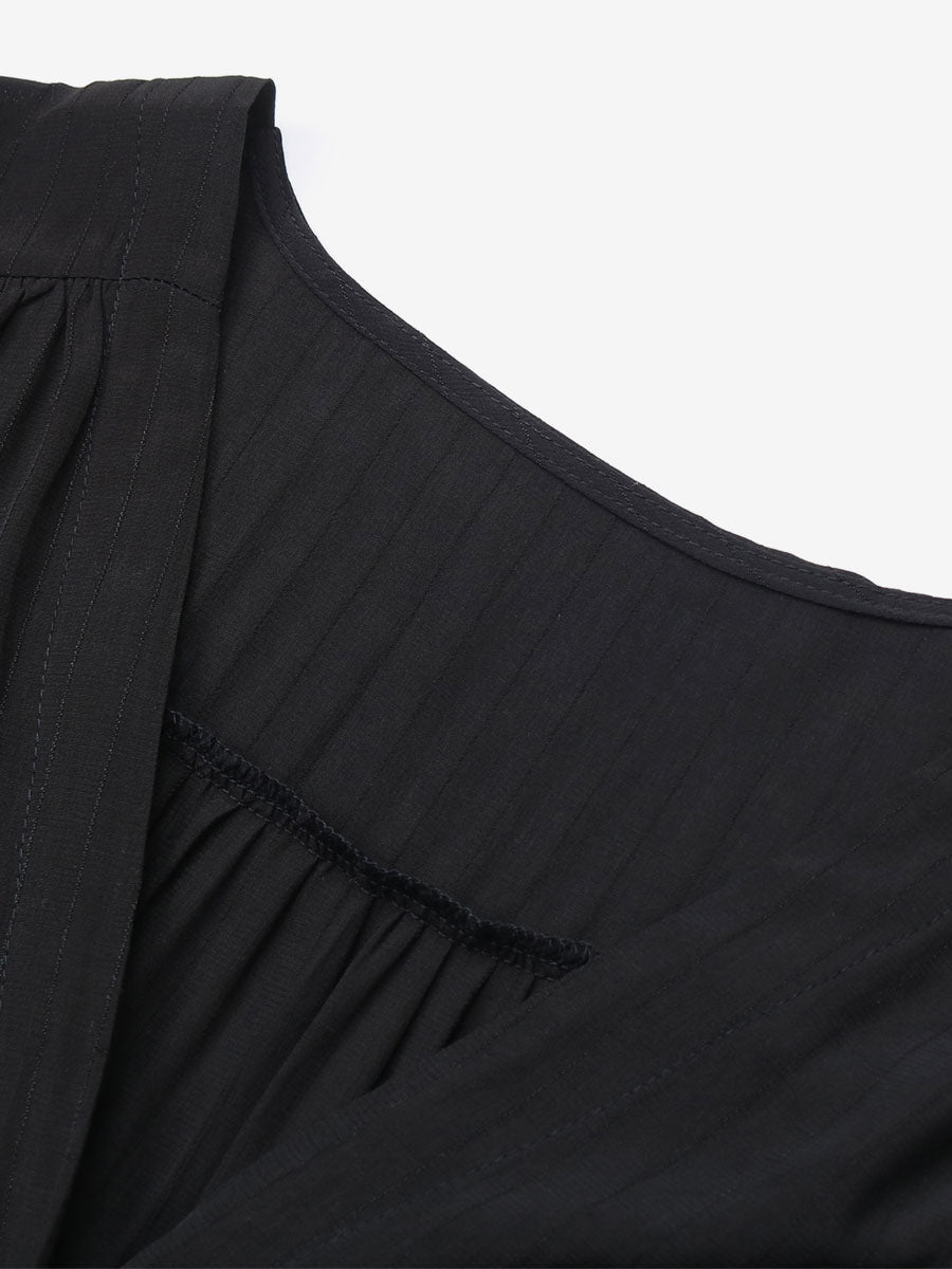 Layered Midi Dress V-Neck Long Sleeves Button Front Day Dresses In Black