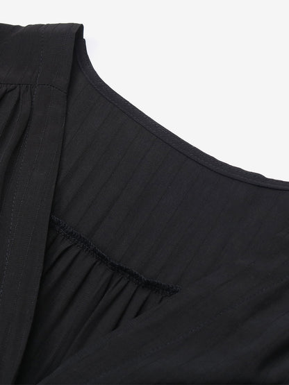 Layered Midi Dress V-Neck Long Sleeves Button Front Day Dresses In Black