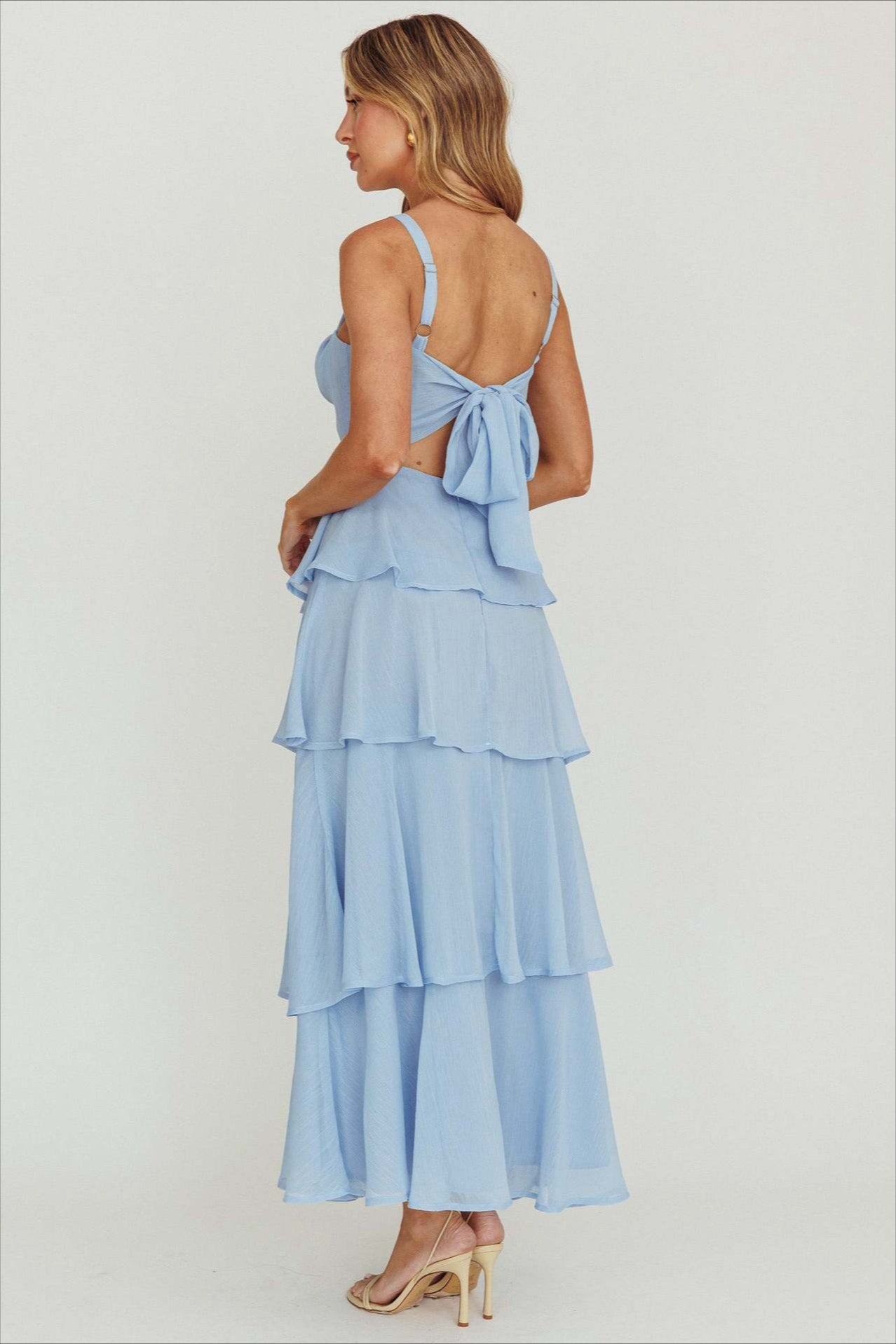Sexy Backless Halter Tiered Ruched Waist Maxi Prom Dress