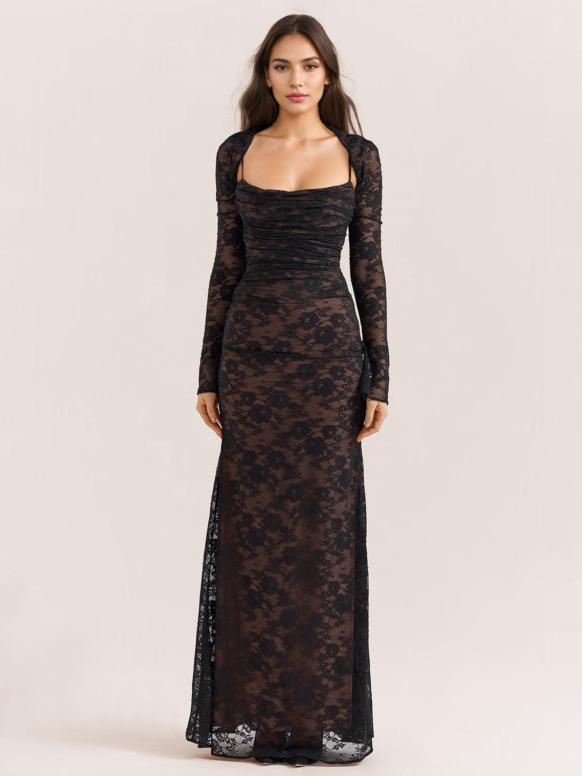 Trumpet Dress Lace-up Cutout Floral Embroidery Long Sleeves Prom Dresses