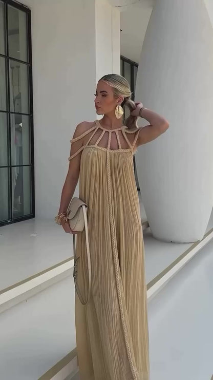 Braided Rope Halter Cage Cutout Pleated Maxi Dress
