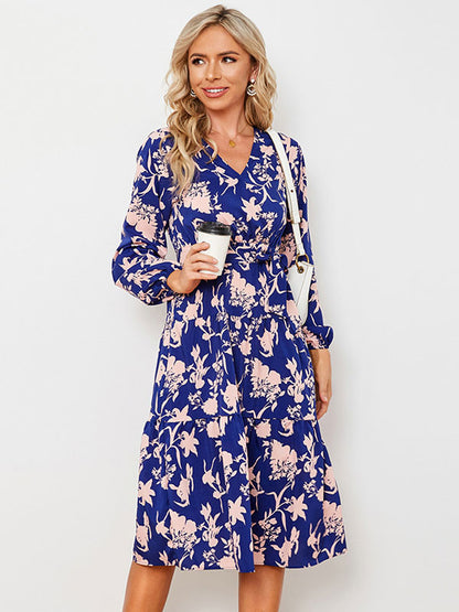 Floral Print Casual V-Neck Long Sleeves Midi Dress