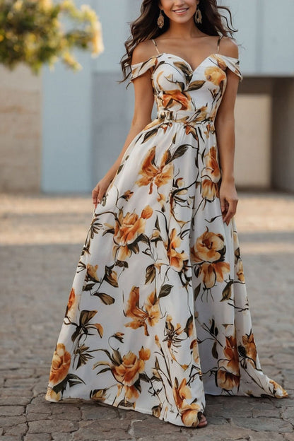 Floral Print Camisole Waist-cinching Elegant Maxi Dress