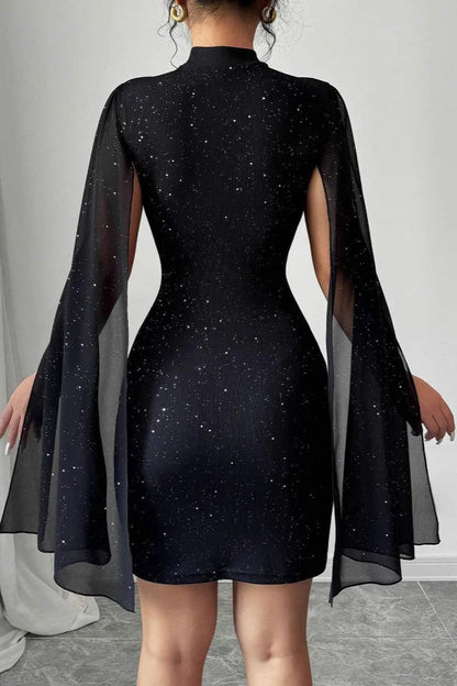 Shiny Printed Turtleneck Puff Sleeve Bodycon Cocktail Dress