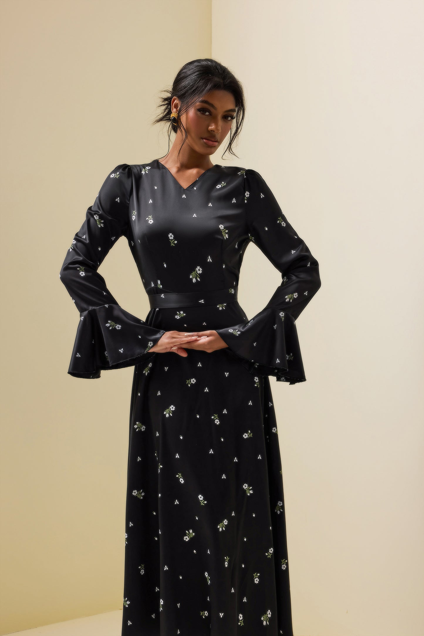 Satin Floral Ball Sleeve Midi Dress