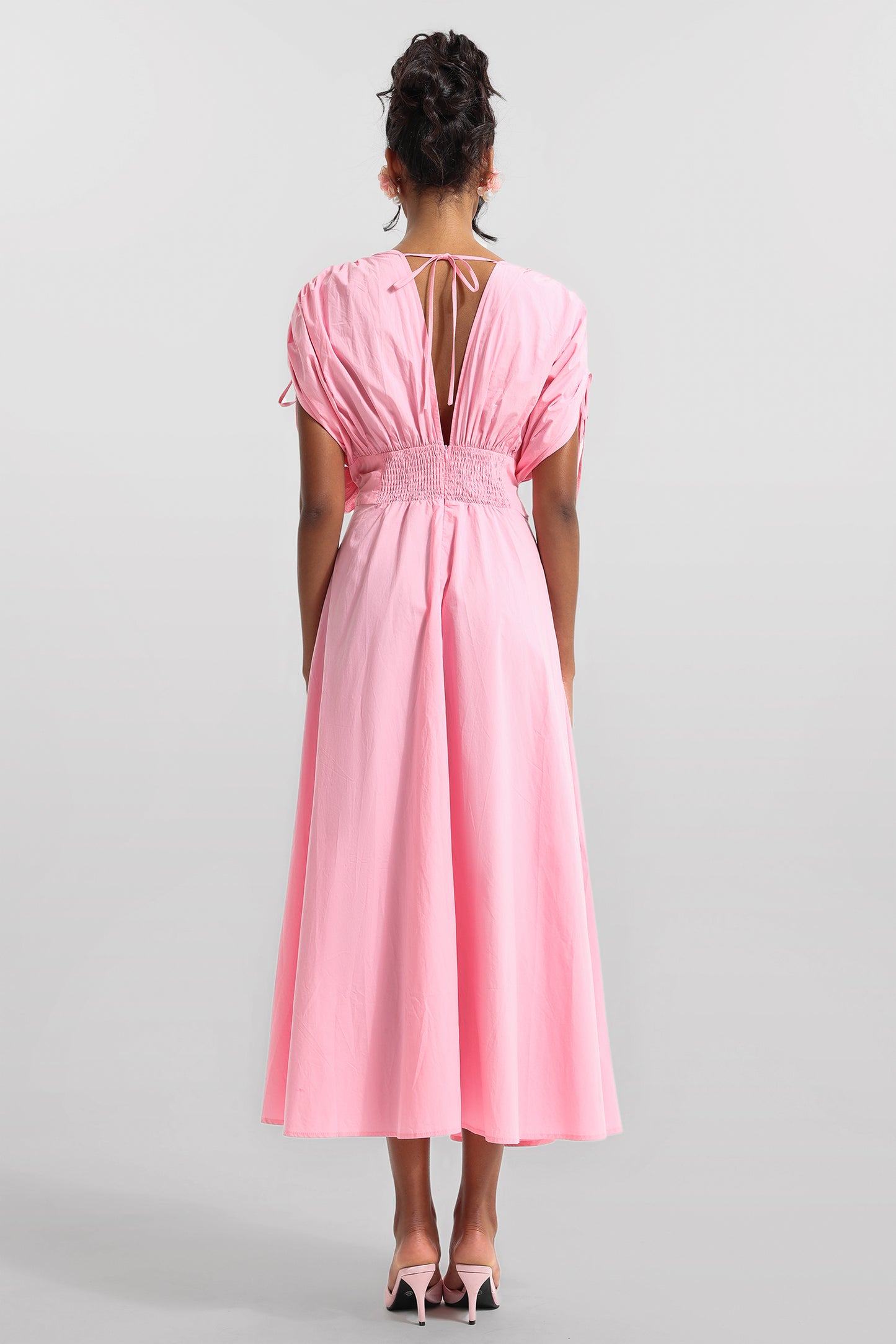 3D Floral V-Neck Lace Up Midi Dress