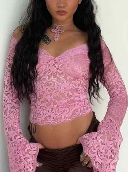Lace V Neck Slim Flare Design Long Sleeve Shirt