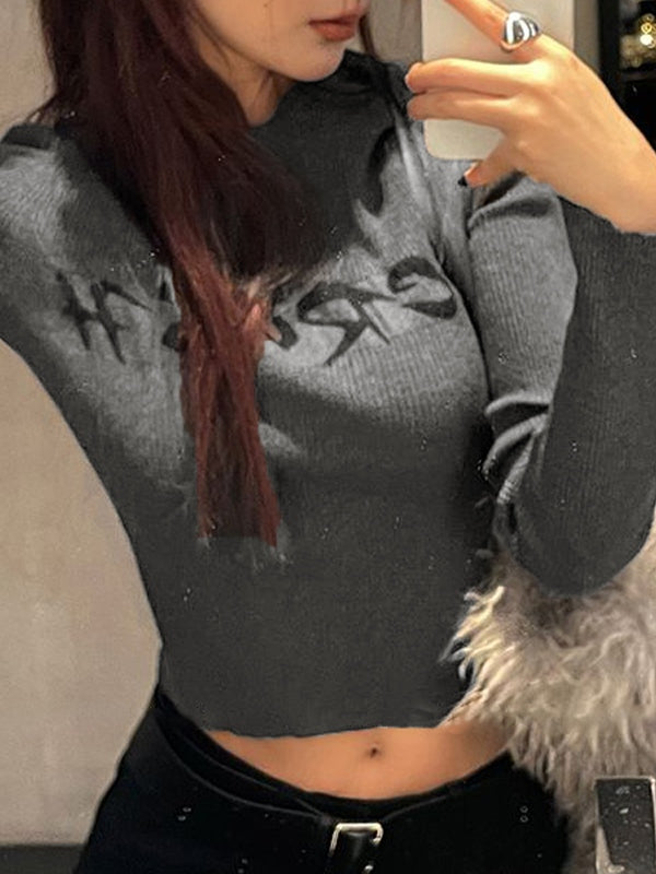 Print Ribbed Slim Long Sleeve Knit
