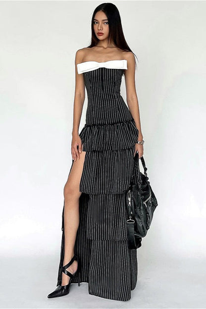 | Striped Ruffle Hem Strapless Maxi Dress