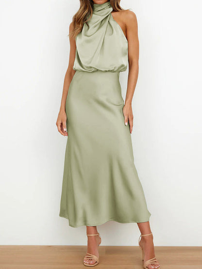 Sleeveless Solid Color Halter-Neck Midi Dresses
