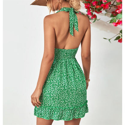 Stylish Halter Neck Open Back Ruffle Mini Dress