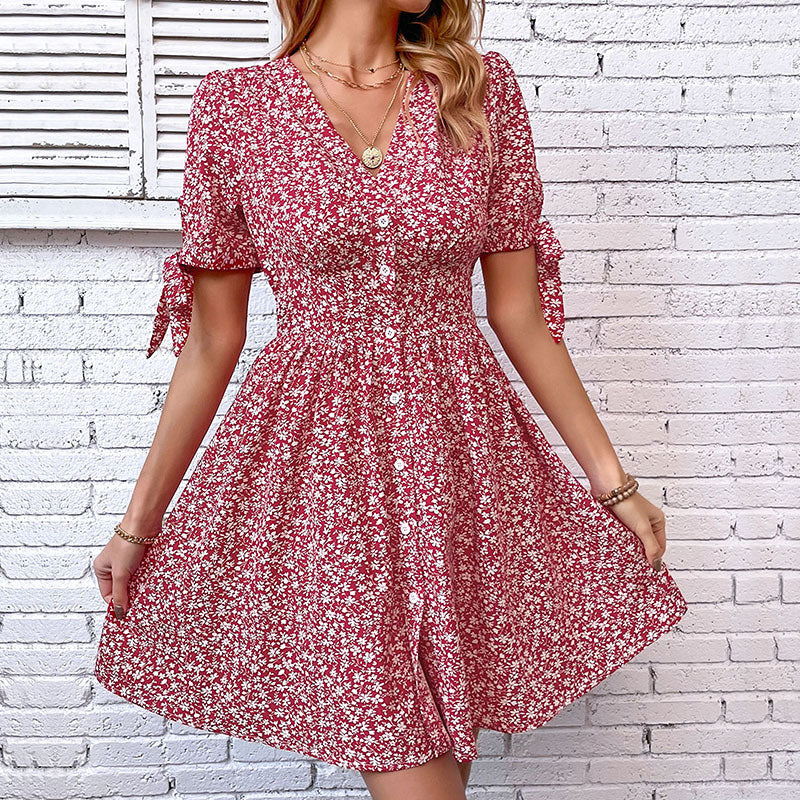V-Neck Floral Print Split Mini Dress in Red for Women