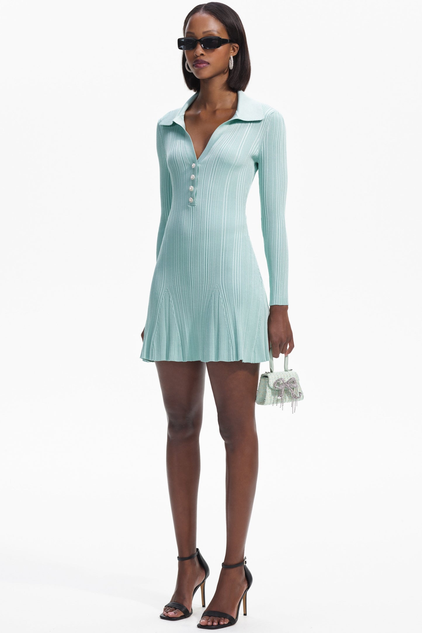 Knit Solid Long Sleeve Rhinestone Bottom Mini Dress