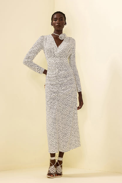 Polka Dot 3D Flower Ruched Midi Dress