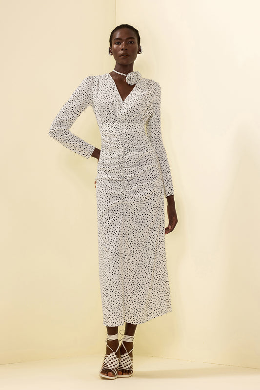 Polka Dot 3D Flower Ruched Midi Dress