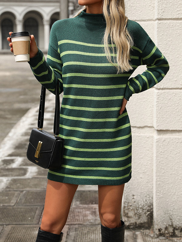Long Sleeves Loose Split-Joint Striped Mock Neck Mini Dresses Sweater Dresses