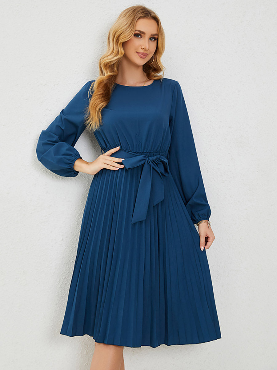 Midi Dresses Jewel Neck Lantern Sleeve Belted Pleated Dress