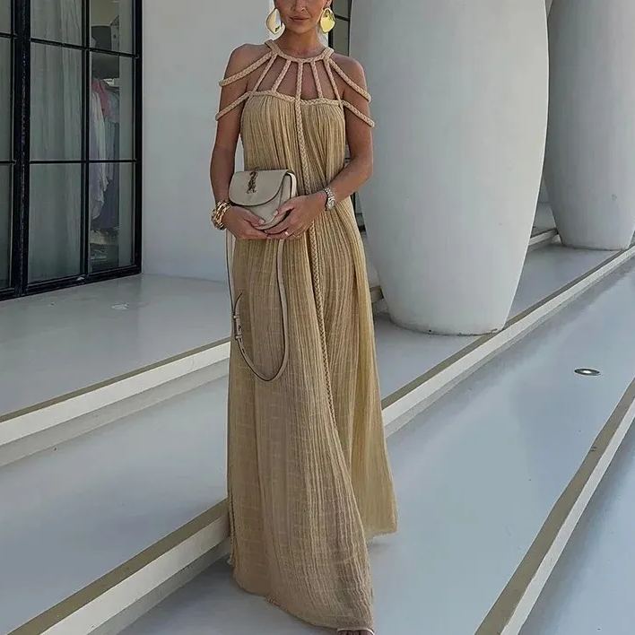 Modern and Sophisticated Linen Blend Draped Braids Cover Up Maxi Dress