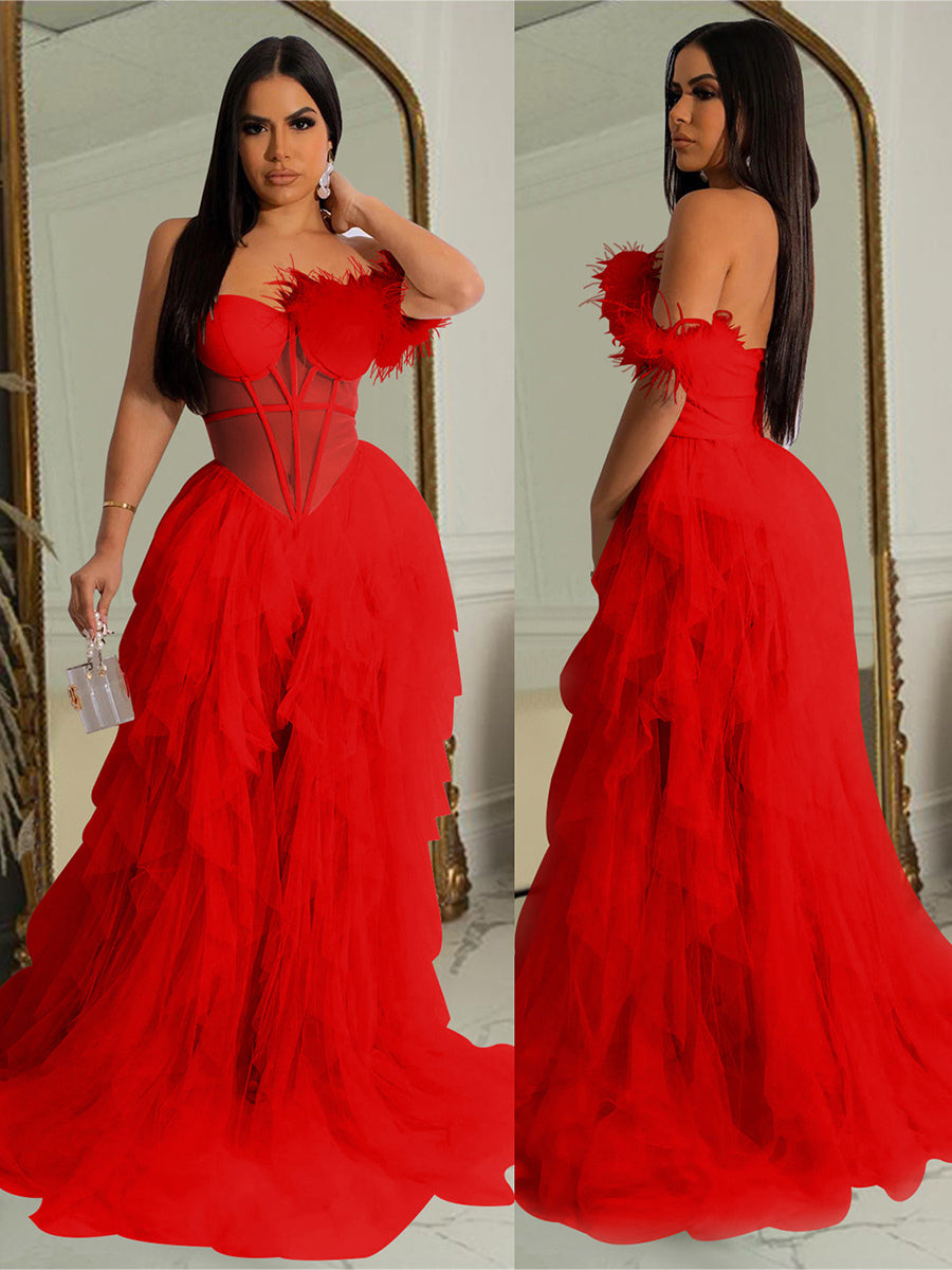 Layered Tulle Dress One Shoulder Corset Feather Trim Backless Sexy Maxi Dresses