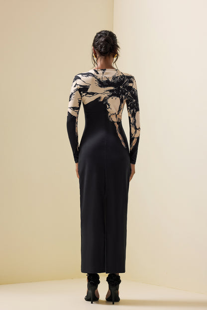 Floral Boat Neck Long Sleeve Midi Dress