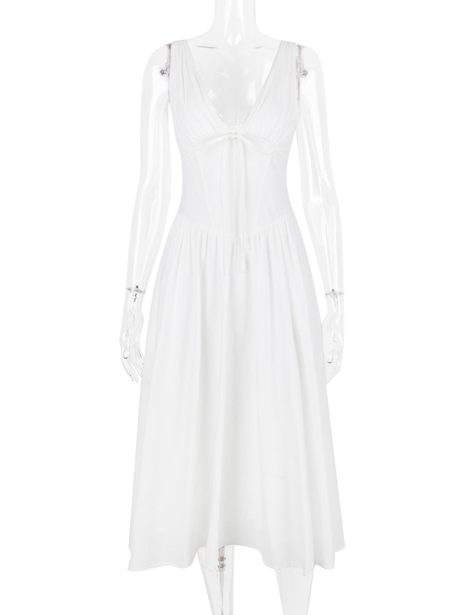 Sleeveless Dress Floral Pleated Knot Details Party Midi Dresses