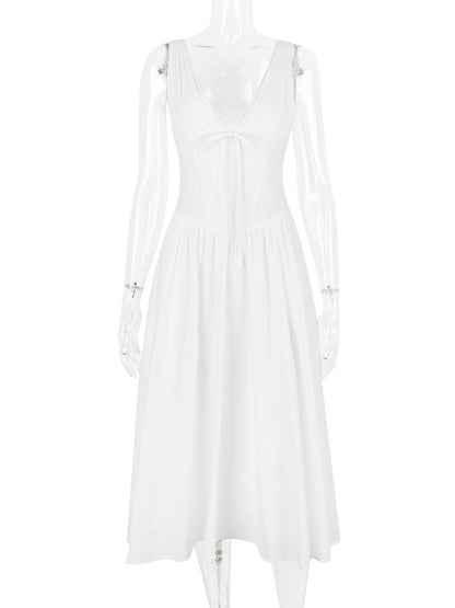 Sleeveless Dress Floral Pleated Knot Details Party Midi Dresses