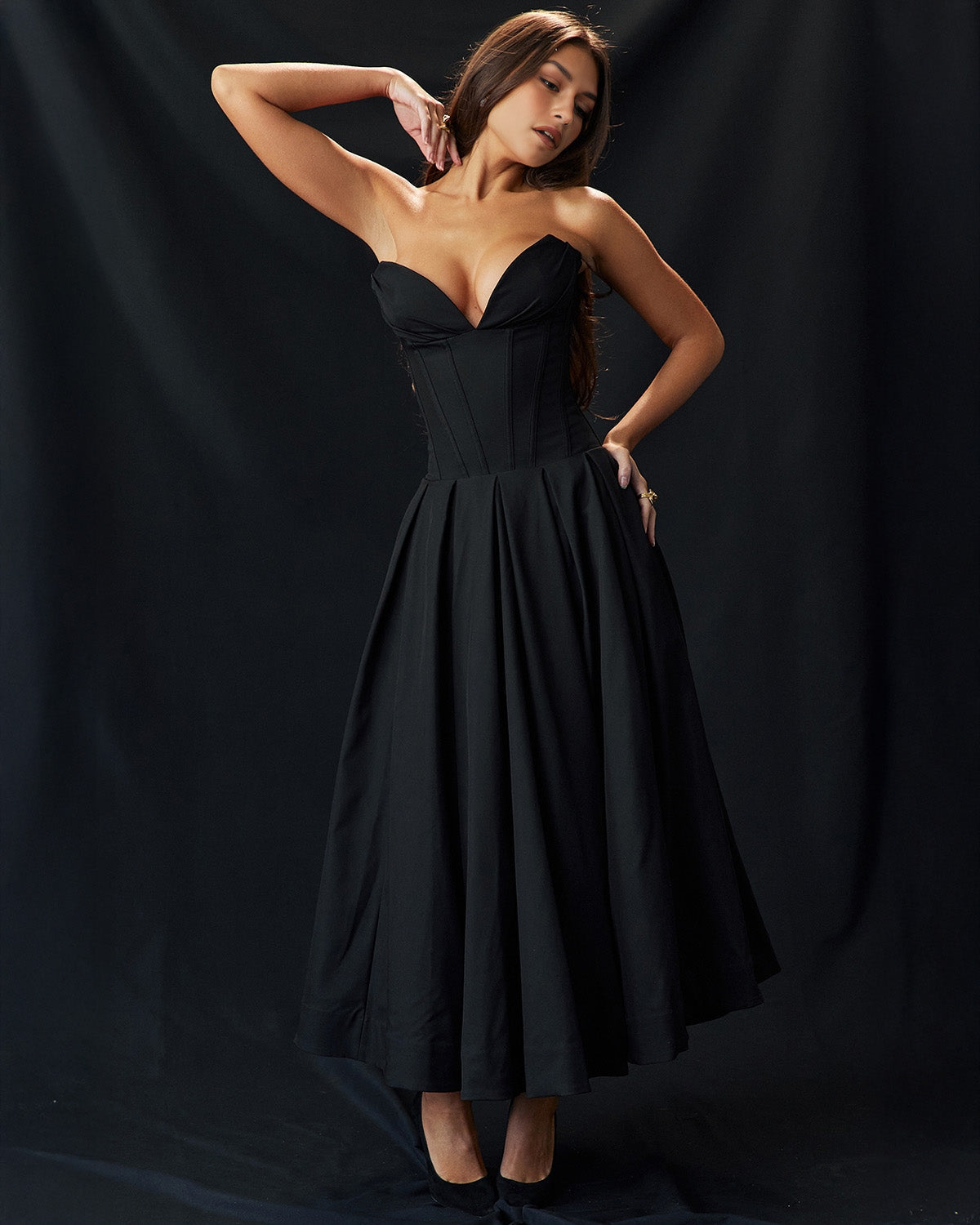 Strapless Pointed Sweetheart Corset Bodice Box Pleat A-Line Midi Dress