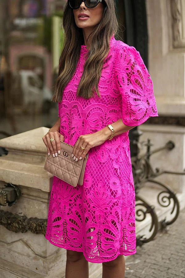Guipure Lace Hollow-Out Mock Neck Scalloped Hem Shift Mini Dress