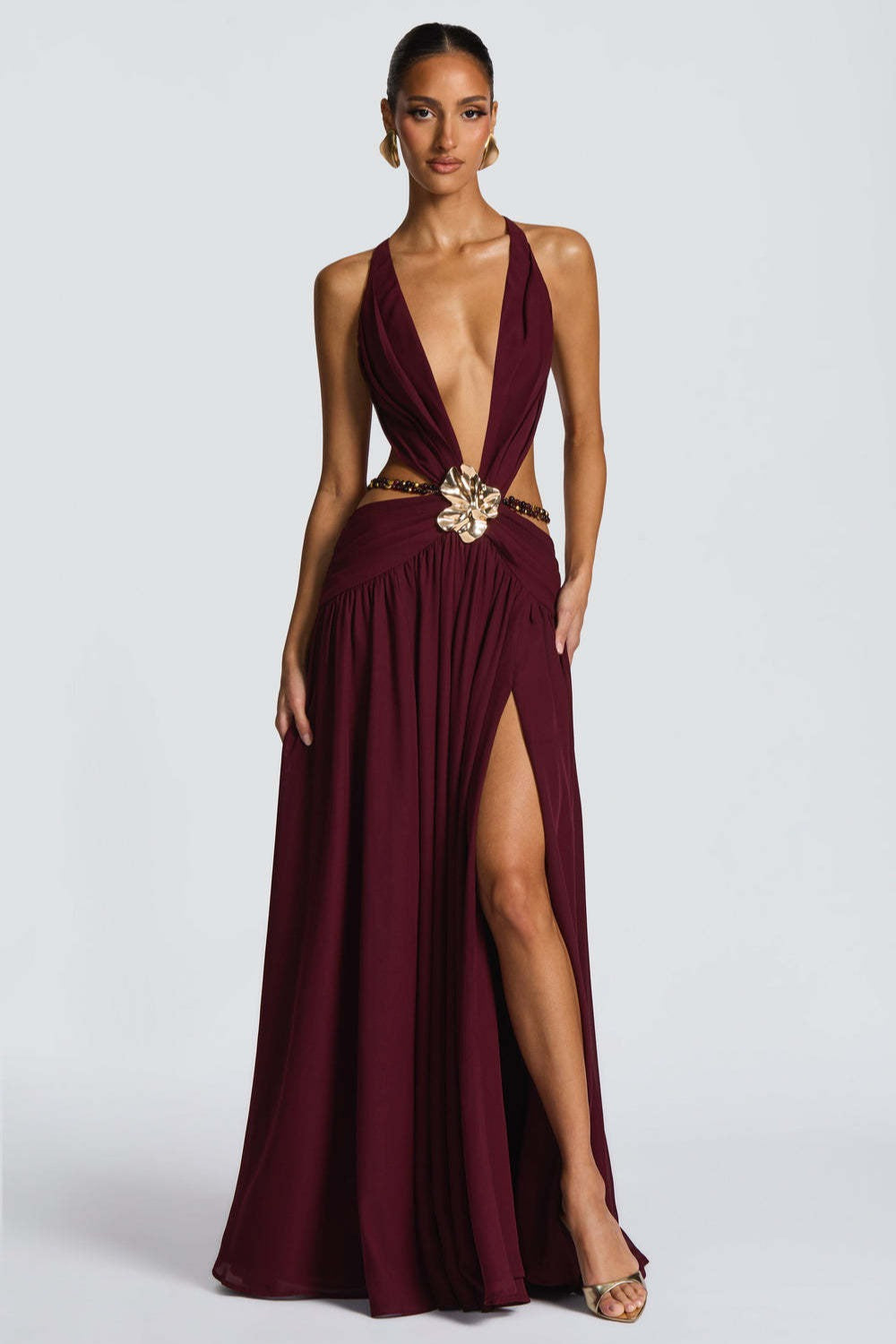 | Halter Deep V Backless High Slit Maxi Dress
