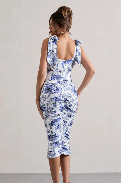 Vintage Print Ruched Midi Dress