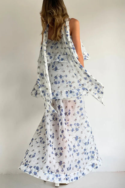 Ameile Organza Floral Print Tiered Slip Square Neck Scarf A-line Maxi Dress