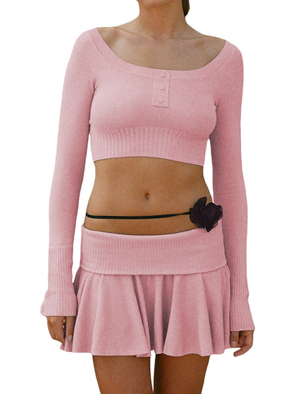 Solid Color Breasted Crop Turned Waist Knit Two Piece
