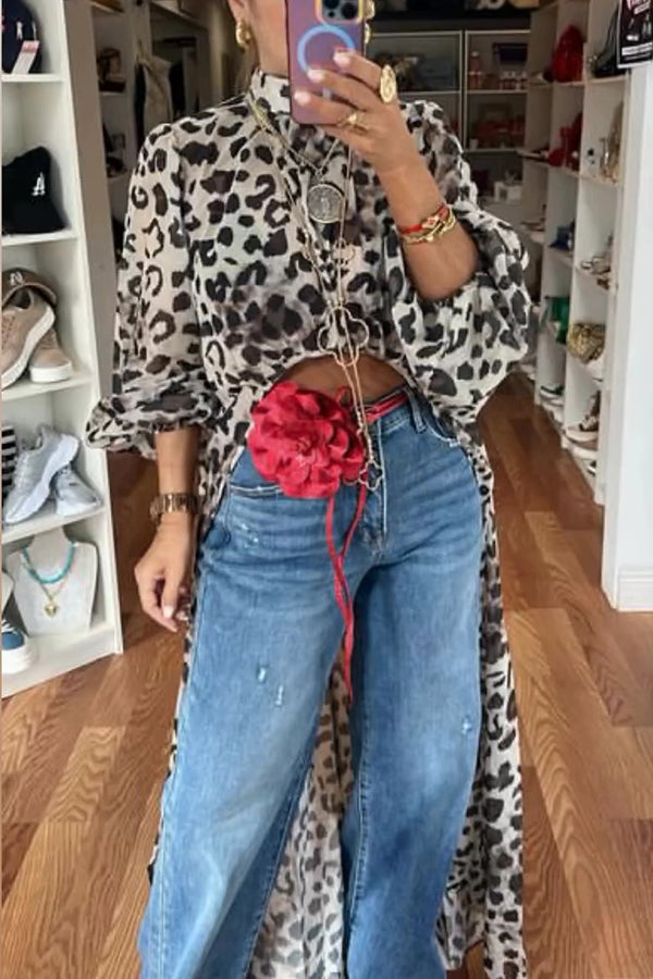 Tanya Lace Pattern Mock Neck Balloon Sleeve High Low Maxi Top